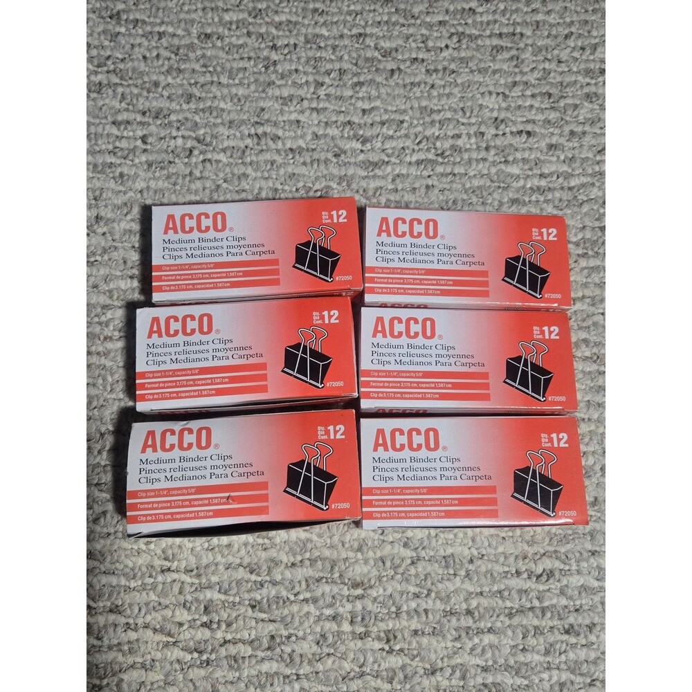 New Lot of 6 ACCO Medium 1-1/4" W Binder Clips 12 Pk 72050 ⅝" Black Silver